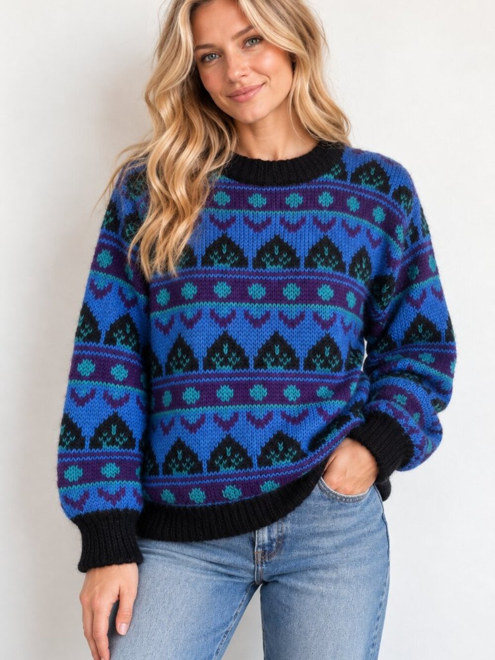 Vintage Gallagher Blue Geometric Print Mohair Blend Pullover Sweater M